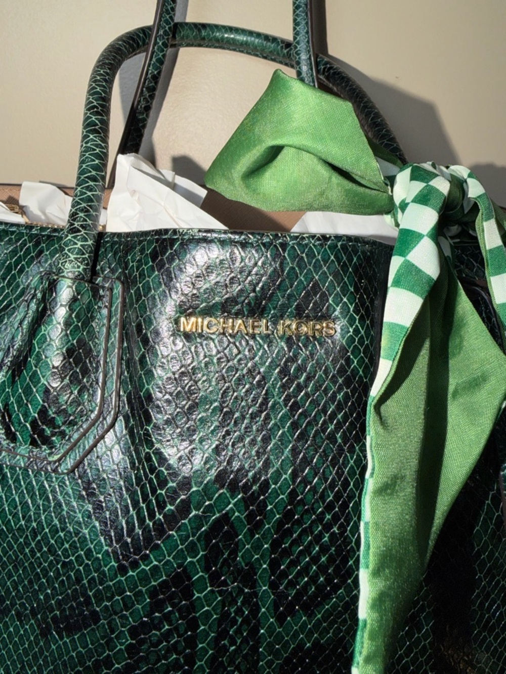 EUC Michael Kors Green Snake-Embossed Leather Tote with Green Scarf Accent - Picture 5 of 16